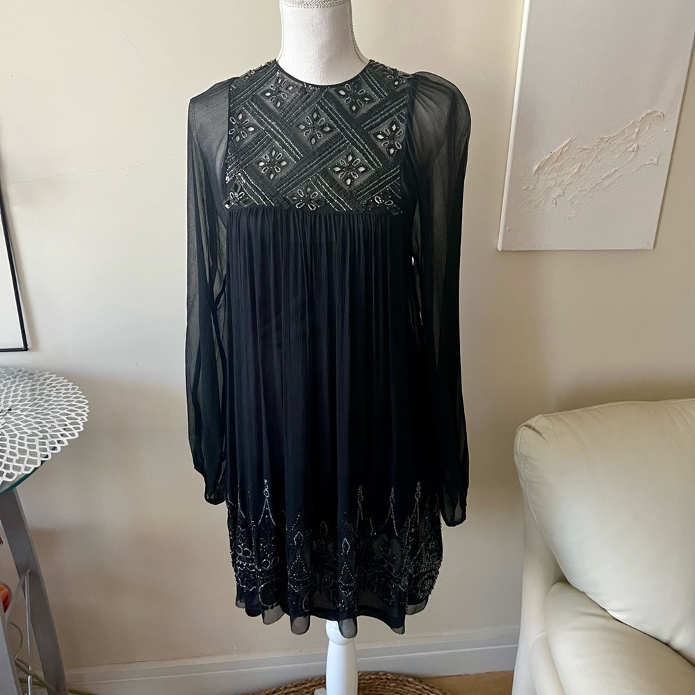 Elie Tahari Vintage Silk Chiffon Beaded Cocktail Babydoll Mini Dress size Small